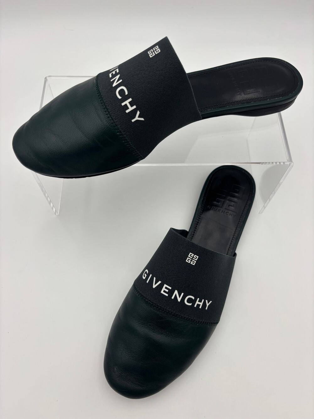 Givenchy Bedford Mules Dark Green Black Leather Logo Size 39 / 9